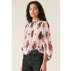 GANNI Floral-print plissé-georgette blouse NWT